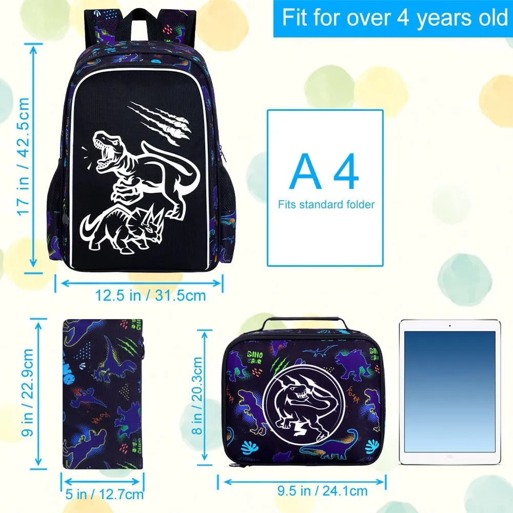 KLFVB 3PCS Boys Dinosaur Backpack, Luminous School Backpacks with Lunch Box, 17" Water Resistant Kids Camo Bookbag for Middle Elementary Teens to School Travel - Luminous Dinosaur