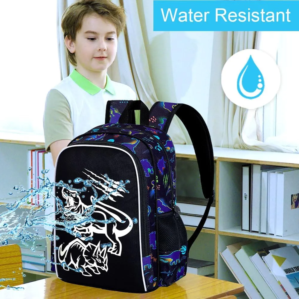 KLFVB 3PCS Boys Dinosaur Backpack, Luminous School Backpacks with Lunch Box, 17" Water Resistant Kids Camo Bookbag for Middle Elementary Teens to School Travel - Luminous Dinosaur