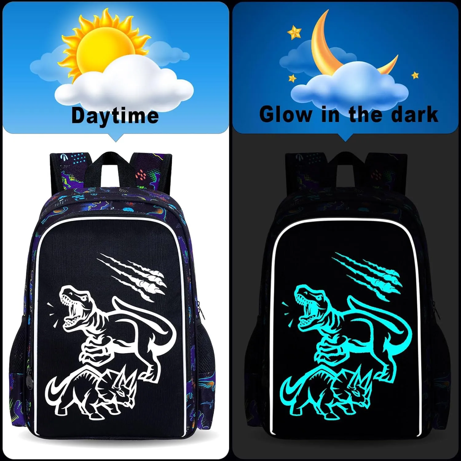 KLFVB 3PCS Boys Dinosaur Backpack, Luminous School Backpacks with Lunch Box, 17" Water Resistant Kids Camo Bookbag for Middle Elementary Teens to School Travel - Luminous Dinosaur