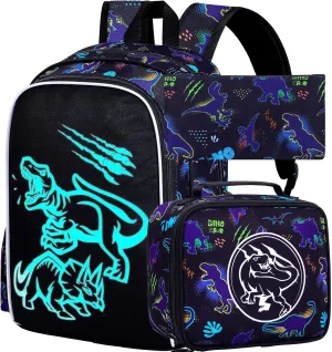 KLFVB 3PCS Boys Dinosaur Backpack, Luminous School Backpacks with Lunch Box, 17" Water Resistant Kids Camo Bookbag for Middle Elementary Teens to School Travel - Luminous Dinosaur