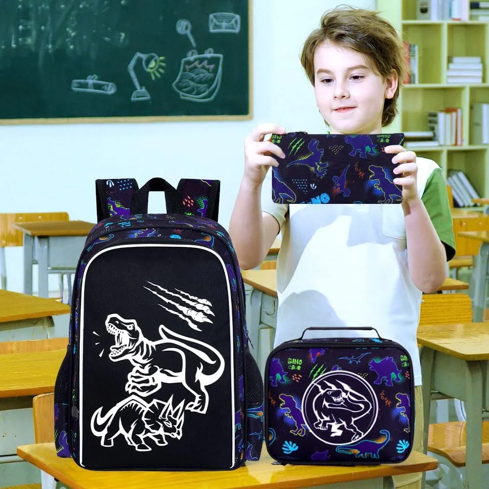 KLFVB 3PCS Boys Dinosaur Backpack, Luminous School Backpacks with Lunch Box, 17" Water Resistant Kids Camo Bookbag for Middle Elementary Teens to School Travel - Luminous Dinosaur