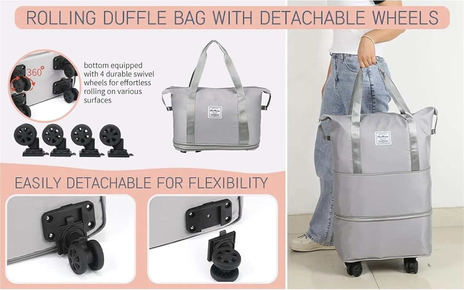 Kulken Travel Bag with Removable Wheels, 2025 New Large Capacity Travel Bag - Universal Wheel Removable(Deeppurple)