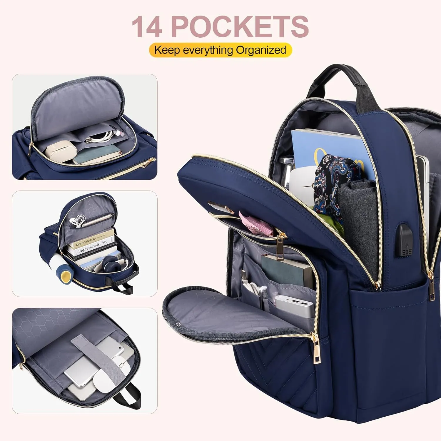 Laptop Backpack for Women, Laptop Bag Travel Backpacks for Work Travel 15.6 Inch with USB Charing Port Luggage Strap Blue