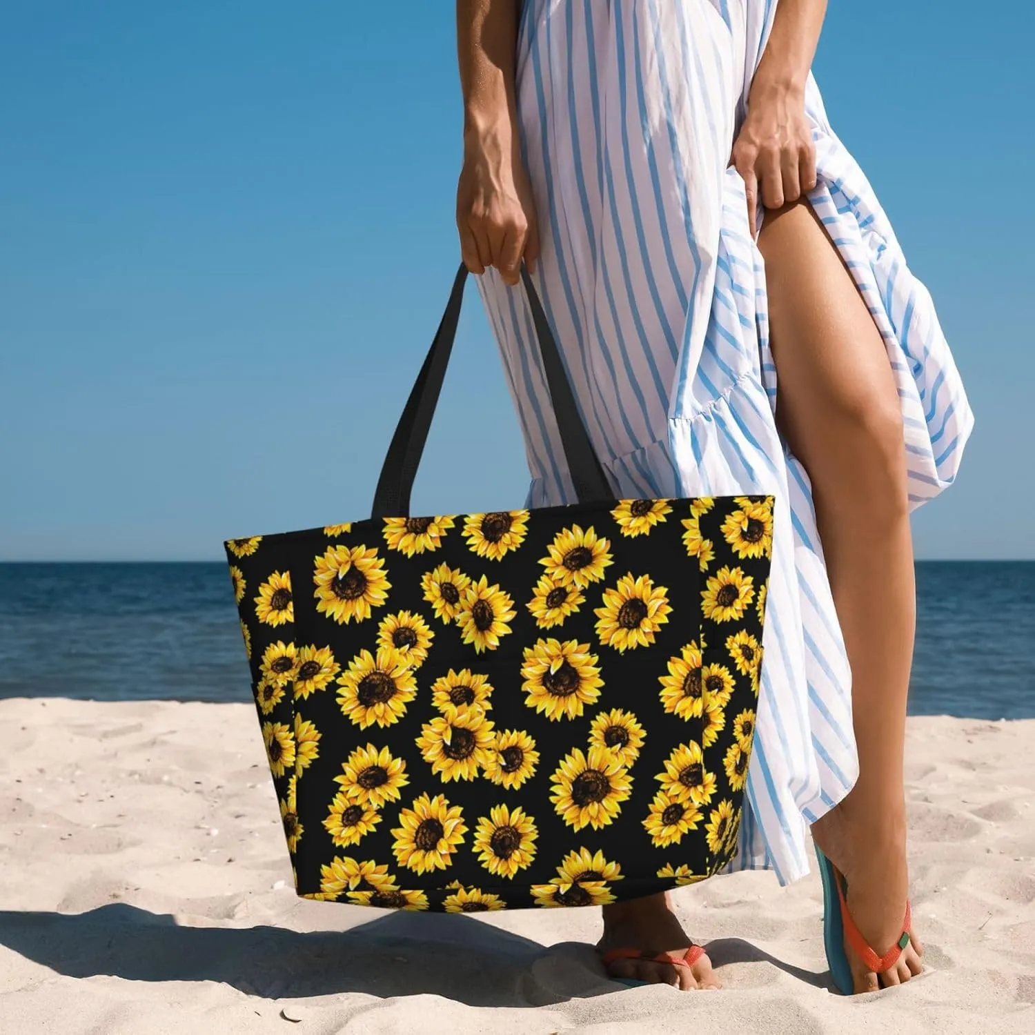 Large Beach Bag for Women Waterproof Foldable Travel Shoulder Tote Bag with Pocket for Weekender Pool Vacation