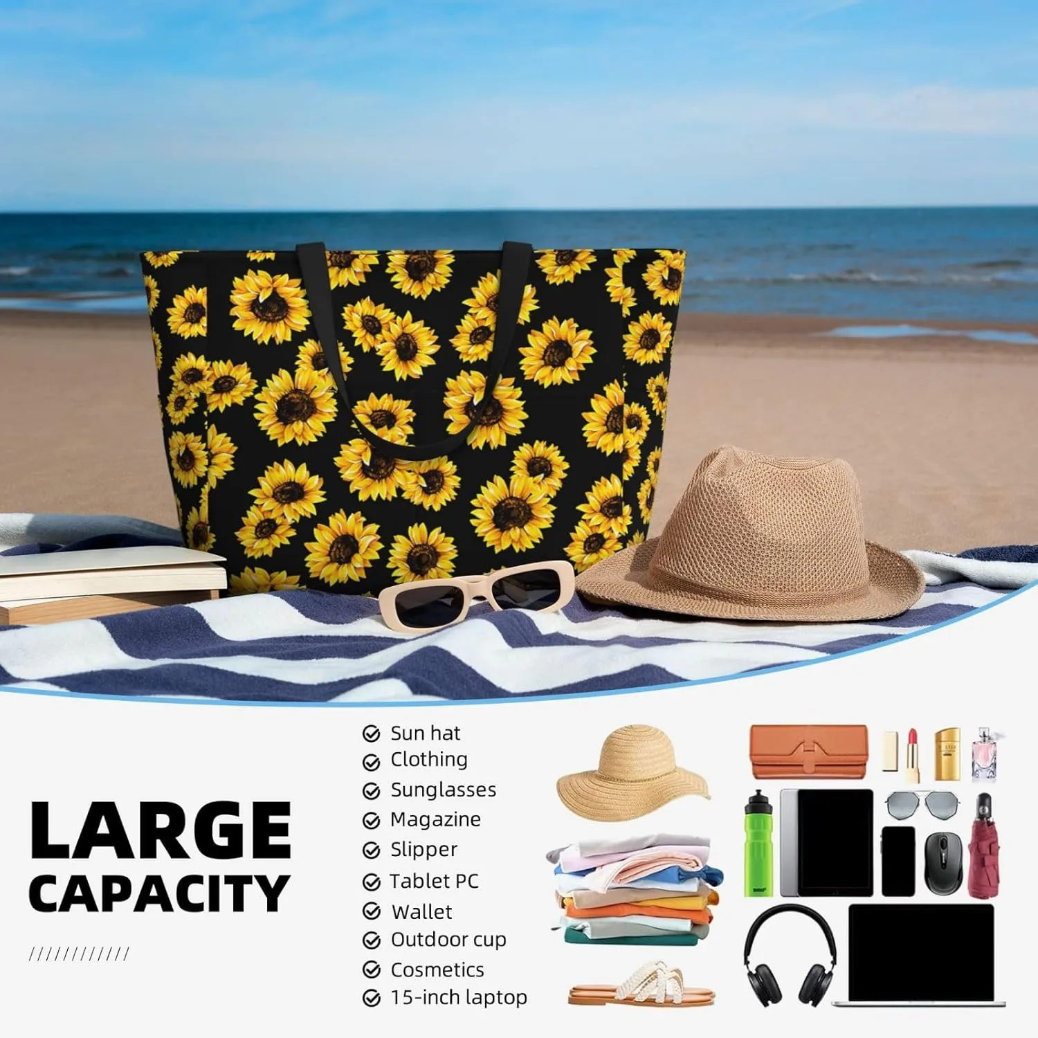 Large Beach Bag for Women Waterproof Foldable Travel Shoulder Tote Bag with Pocket for Weekender Pool Vacation