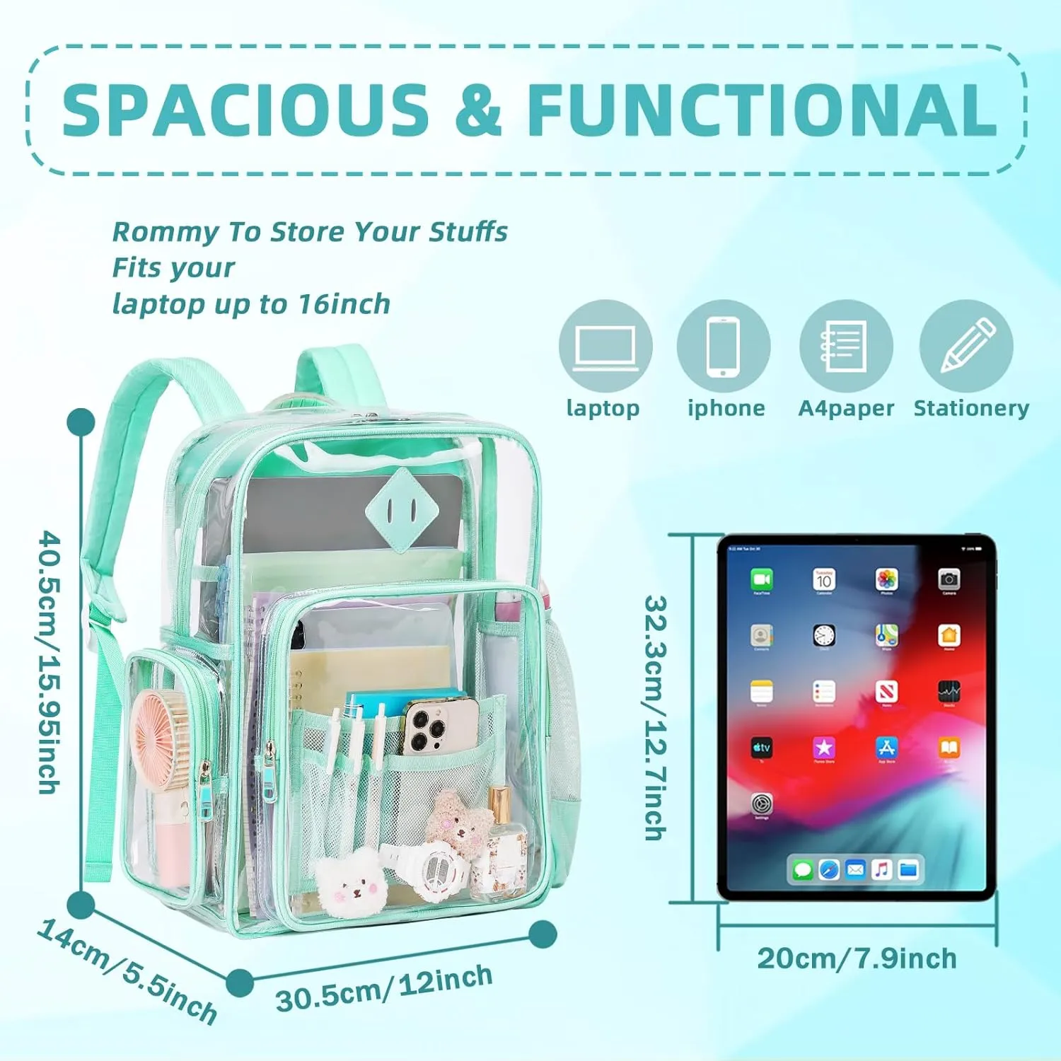 Large Clear Backpack for Girls, Heavy Duty PVC Transparent Bookbag for Women Stadium Events See Through Back Pack Fits 16 inch Laptop for School Work Travel, Green