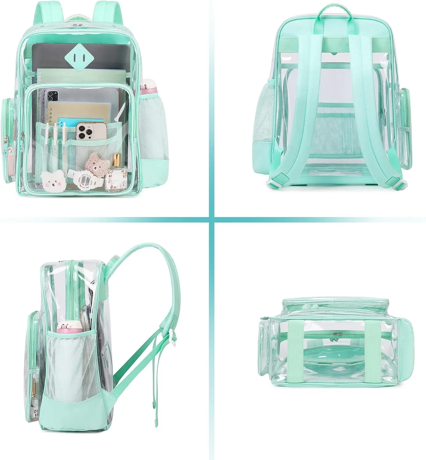 Large Clear Backpack for Girls, Heavy Duty PVC Transparent Bookbag for Women Stadium Events See Through Back Pack Fits 16 inch Laptop for School Work Travel, Green