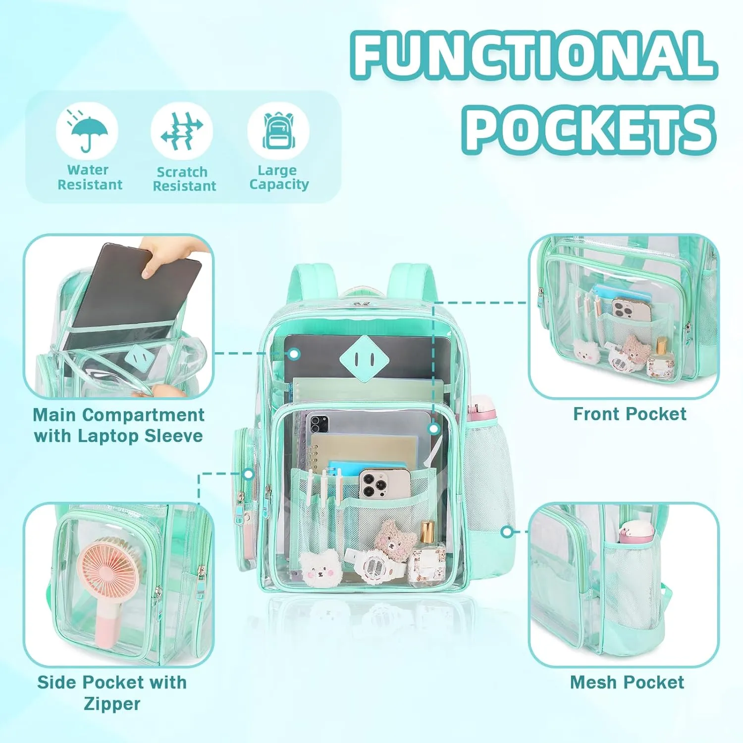 Large Clear Backpack for Girls, Heavy Duty PVC Transparent Bookbag for Women Stadium Events See Through Back Pack Fits 16 inch Laptop for School Work Travel, Green