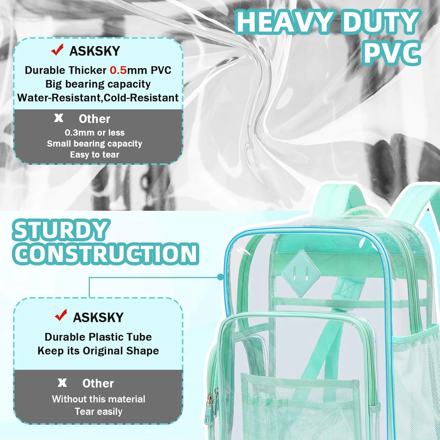 Large Clear Backpack for Girls, Heavy Duty PVC Transparent Bookbag for Women Stadium Events See Through Back Pack Fits 16 inch Laptop for School Work Travel, Green