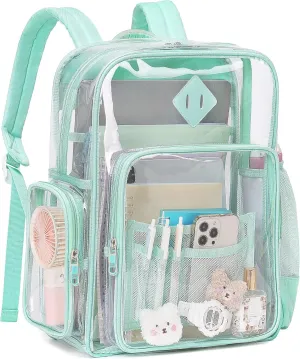 Large Clear Backpack for Girls, Heavy Duty PVC Transparent Bookbag for Women Stadium Events See Through Back Pack Fits 16 inch Laptop for School Work Travel, Green