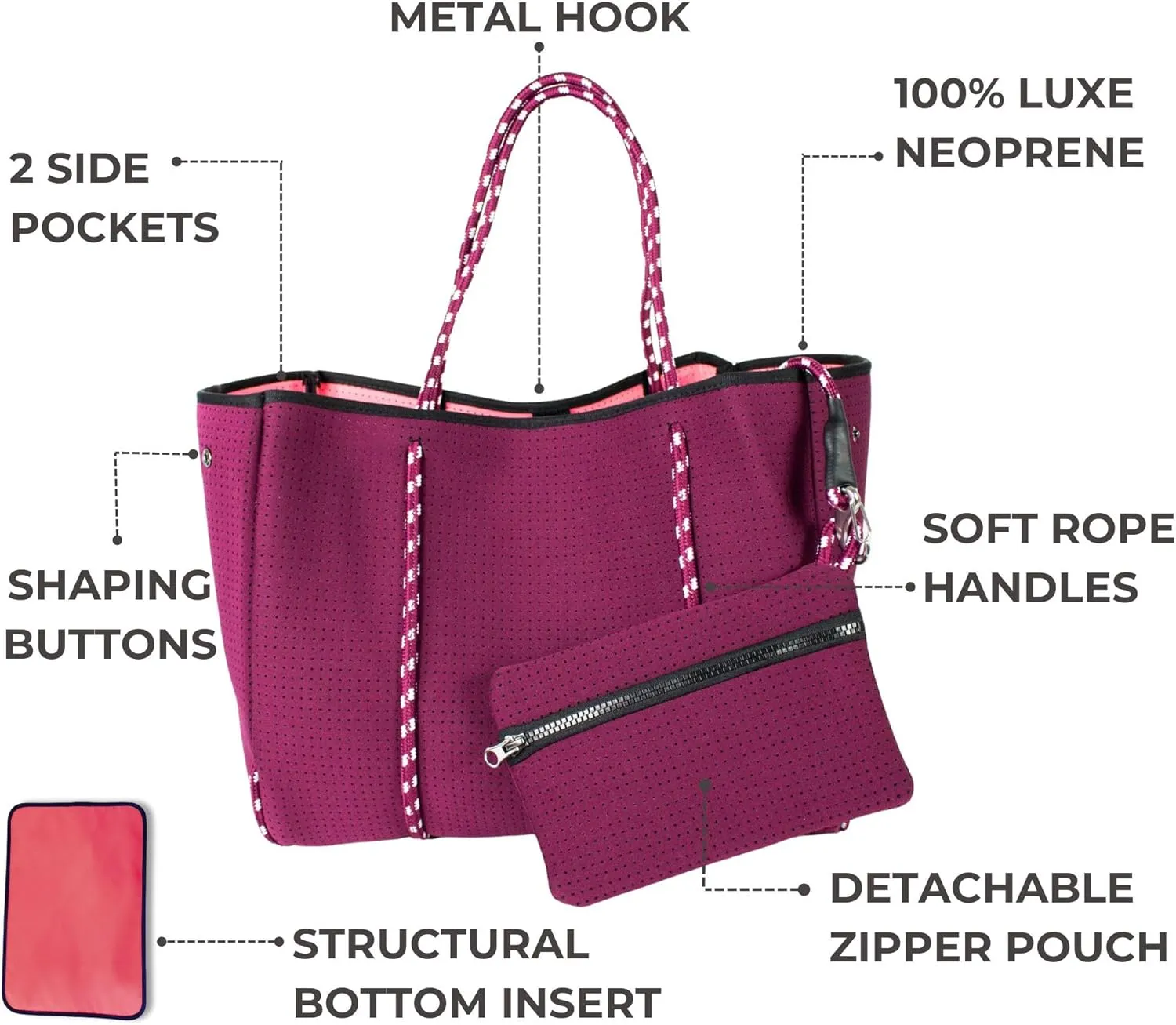 Large Neoprene Tote Bag for Women - Everyday Designer Handbag for Travel Work and Beach with Pockets and Zipper Pouch