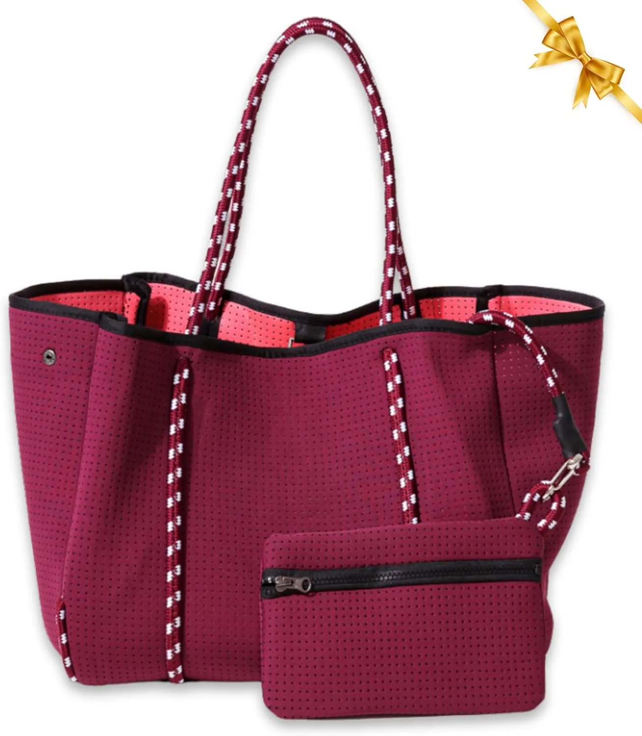 Large Neoprene Tote Bag for Women - Everyday Designer Handbag for Travel Work and Beach with Pockets and Zipper Pouch