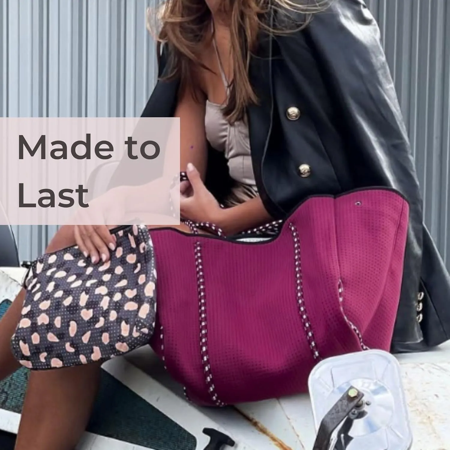 Large Neoprene Tote Bag for Women - Everyday Designer Handbag for Travel Work and Beach with Pockets and Zipper Pouch
