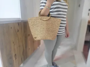 Large Straw Tote Bag – Boho Woven Purse with Bamboo Handles – All Season Natural Raffia Shoulder Bag