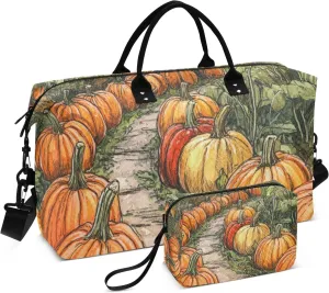 Large Travel Duffel Luggage Weekender Travel Overnight Bag Gym Tote Bag with Adjustable Strap for Travel Waterproof Pumpkins Garden Path