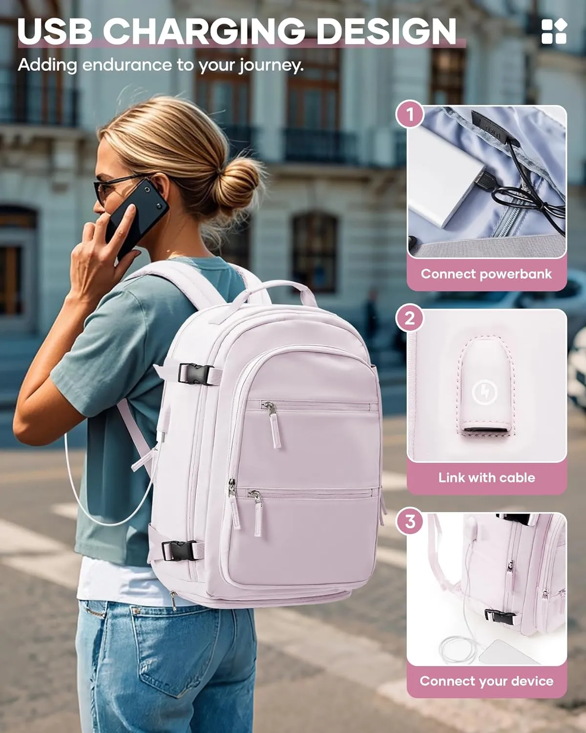 Large Travel Vacuum Backpack, 32L Airback Backpack with Vacuum Seal, 15.6 Inch Waterproof Business Laptop Backpacks with USB Charging Port for Women & Men, Air Pump Included, Pink Purple