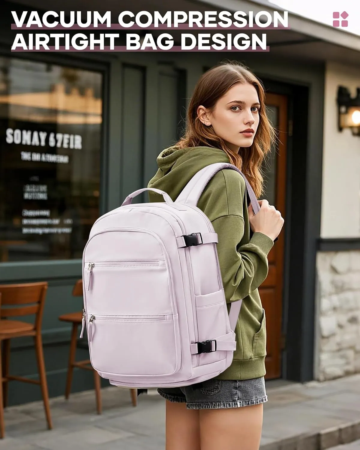 Large Travel Vacuum Backpack, 32L Airback Backpack with Vacuum Seal, 15.6 Inch Waterproof Business Laptop Backpacks with USB Charging Port for Women & Men, Air Pump Included, Pink Purple