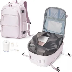 Large Travel Vacuum Backpack, 32L Airback Backpack with Vacuum Seal, 15.6 Inch Waterproof Business Laptop Backpacks with USB Charging Port for Women & Men, Air Pump Included, Pink Purple