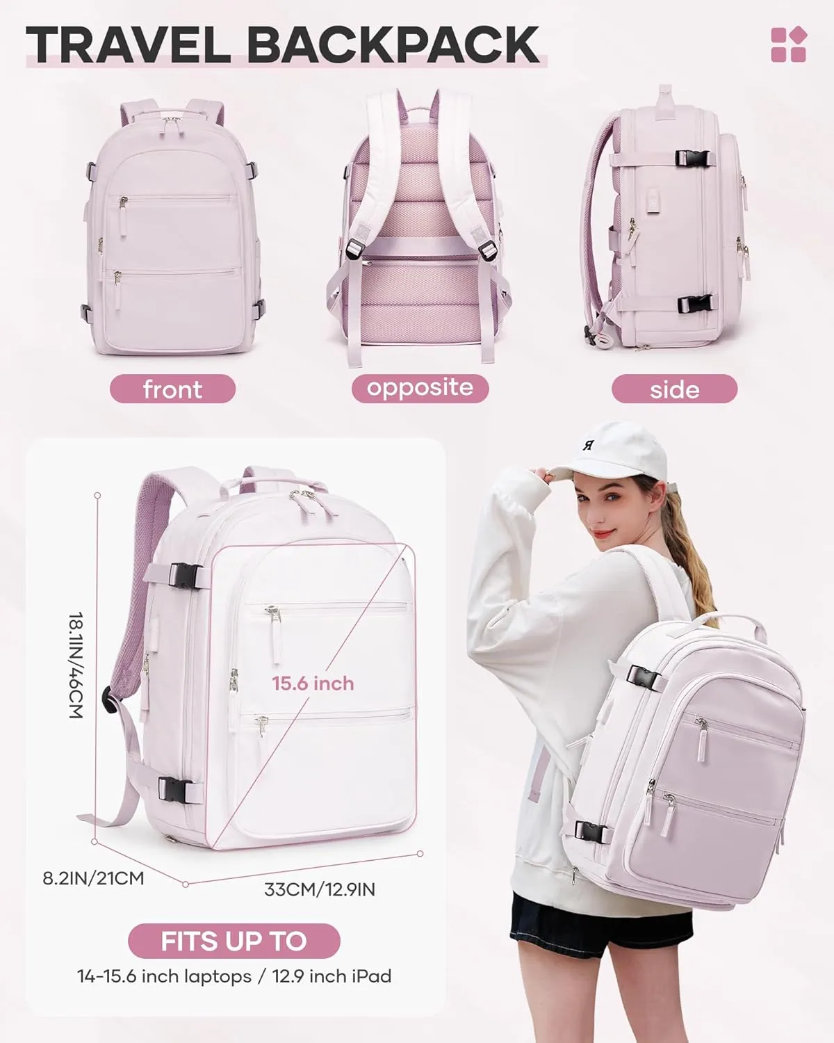 Large Travel Vacuum Backpack, 32L Airback Backpack with Vacuum Seal, 15.6 Inch Waterproof Business Laptop Backpacks with USB Charging Port for Women & Men, Air Pump Included, Pink Purple