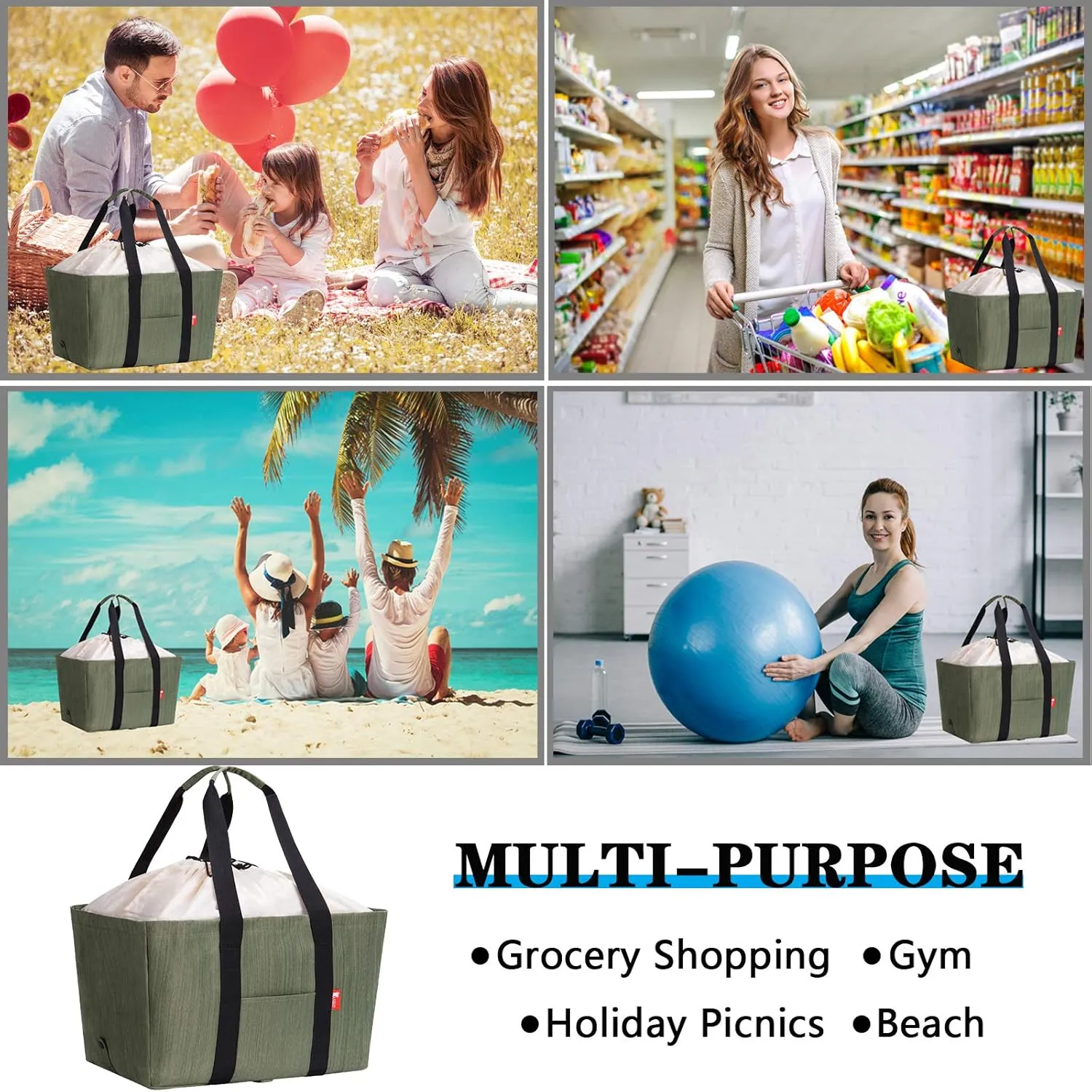 Large Utility Tote Bag, Reusable Collapsible Durable Grocery Shopping Bag, Foldable Tote Bag for Storage Pool Beach (Green), Large-2 Pack (S00201)
