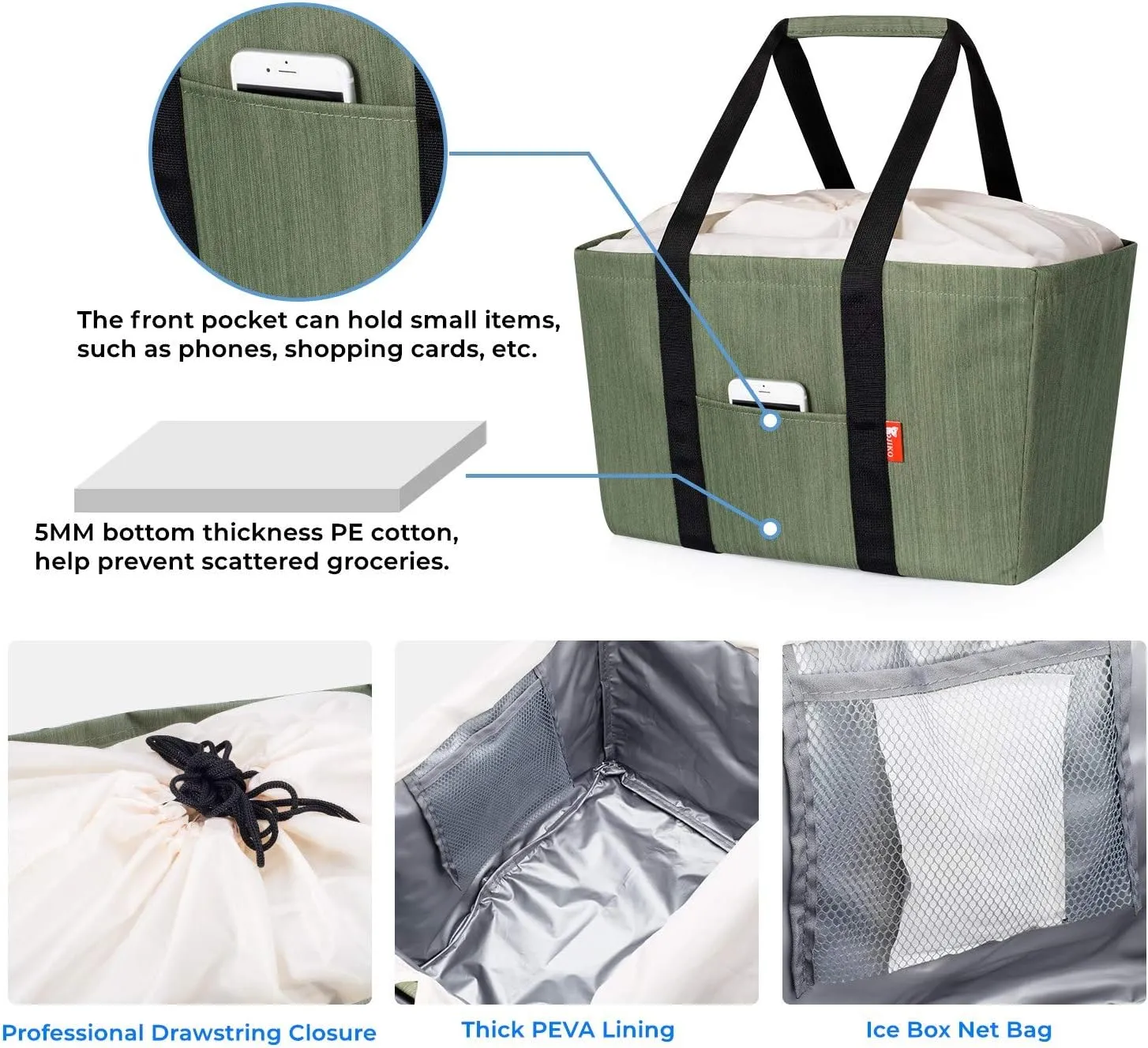 Large Utility Tote Bag, Reusable Collapsible Durable Grocery Shopping Bag, Foldable Tote Bag for Storage Pool Beach (Green), Large-2 Pack (S00201)