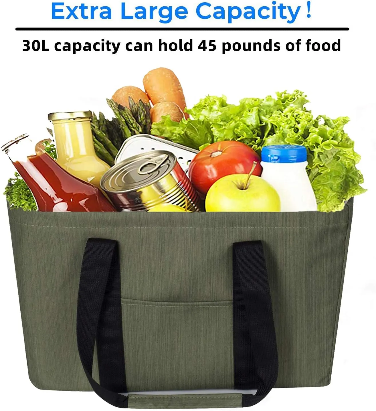 Large Utility Tote Bag, Reusable Collapsible Durable Grocery Shopping Bag, Foldable Tote Bag for Storage Pool Beach (Green), Large-2 Pack (S00201)