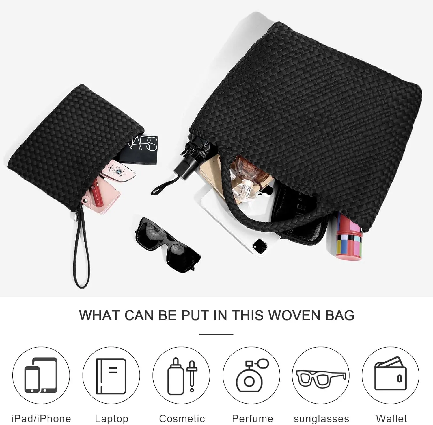Large Woven Neoprene Tote for Women, Shopper Bag, Travel Braided Handbags, Beach Shoulder Purses
