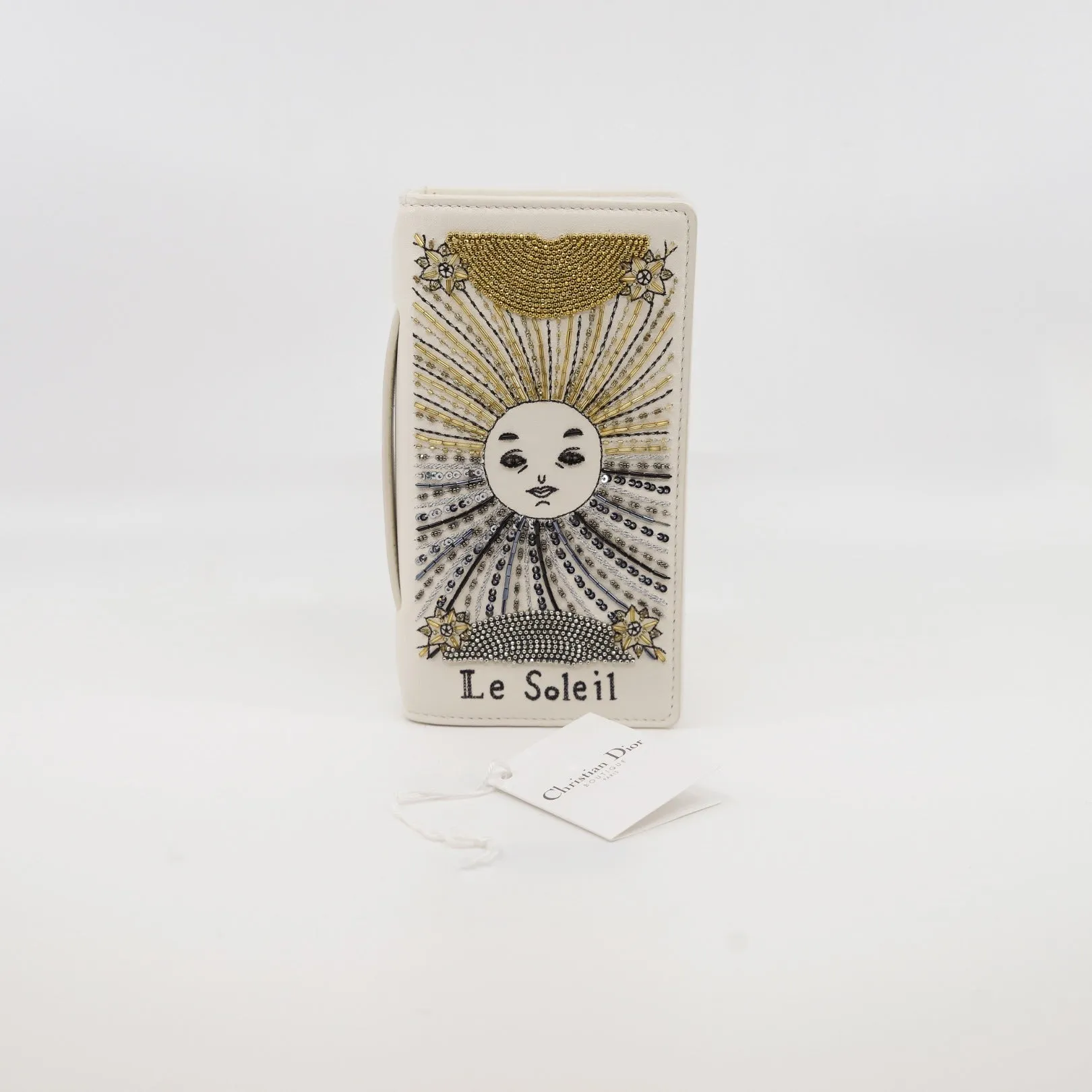 Le Soleil Tarot In White Lambskin Leather Pouch Clutch GHW