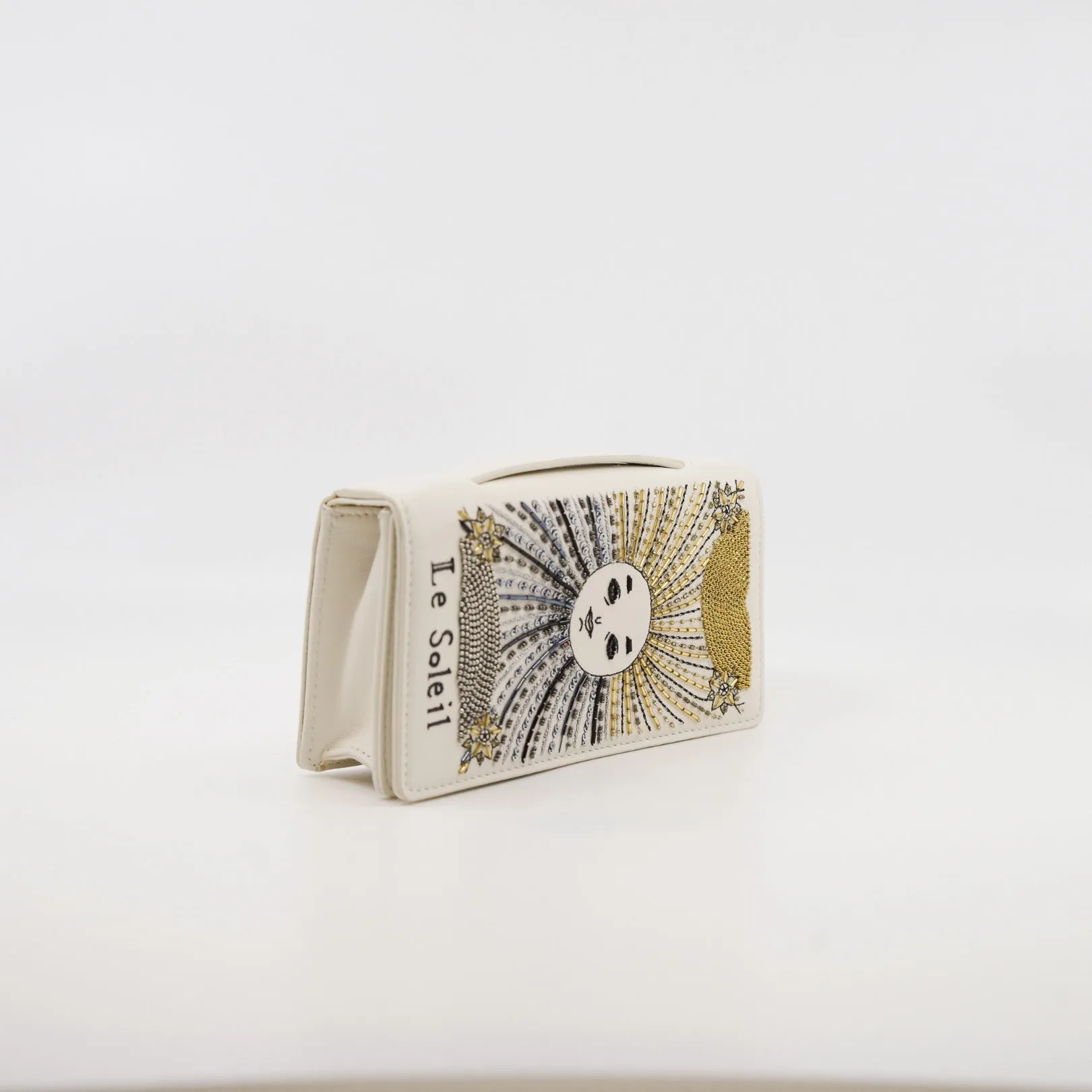 Le Soleil Tarot In White Lambskin Leather Pouch Clutch GHW