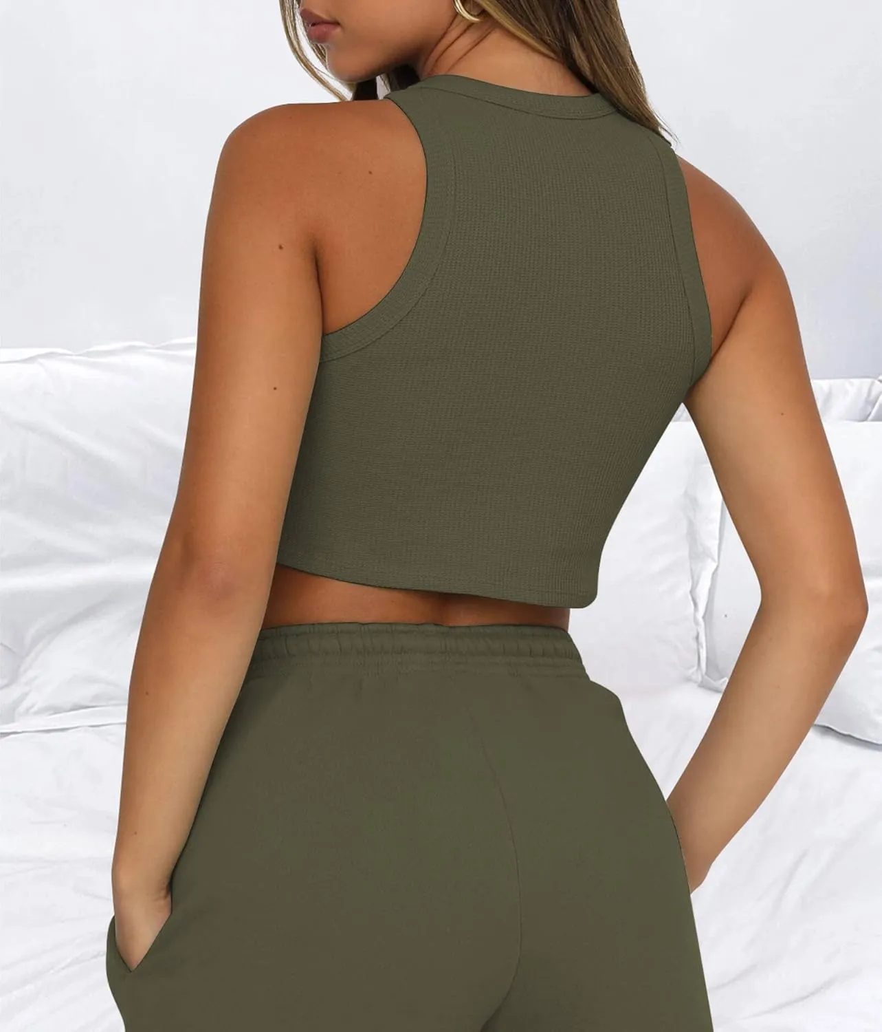 Lingswallow 2 Piece Women Lounge Sets - Sleeveless Crop Top and Shorts Waffle Lounge Set Tracksuits Sweatsuits for Women