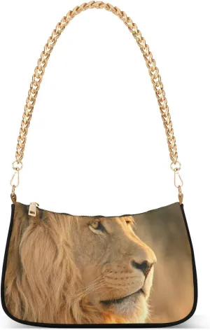 Lion Head Animal Shoulder Handbags for Women Travel Hobo Tote Handbag Women Gold Chain Shoulder Bags Purse with Zipper Closure