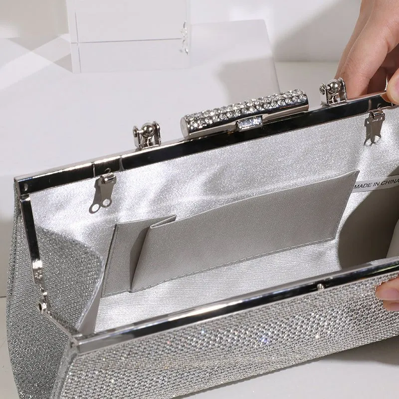 Long Rhinestone Evening Clutch with Top Handle