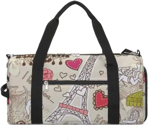 LOVE in Paris Doodles Sports Tote Gym Bag for Women Men, Overnight Bag with Shoe Compartment Water Resistant