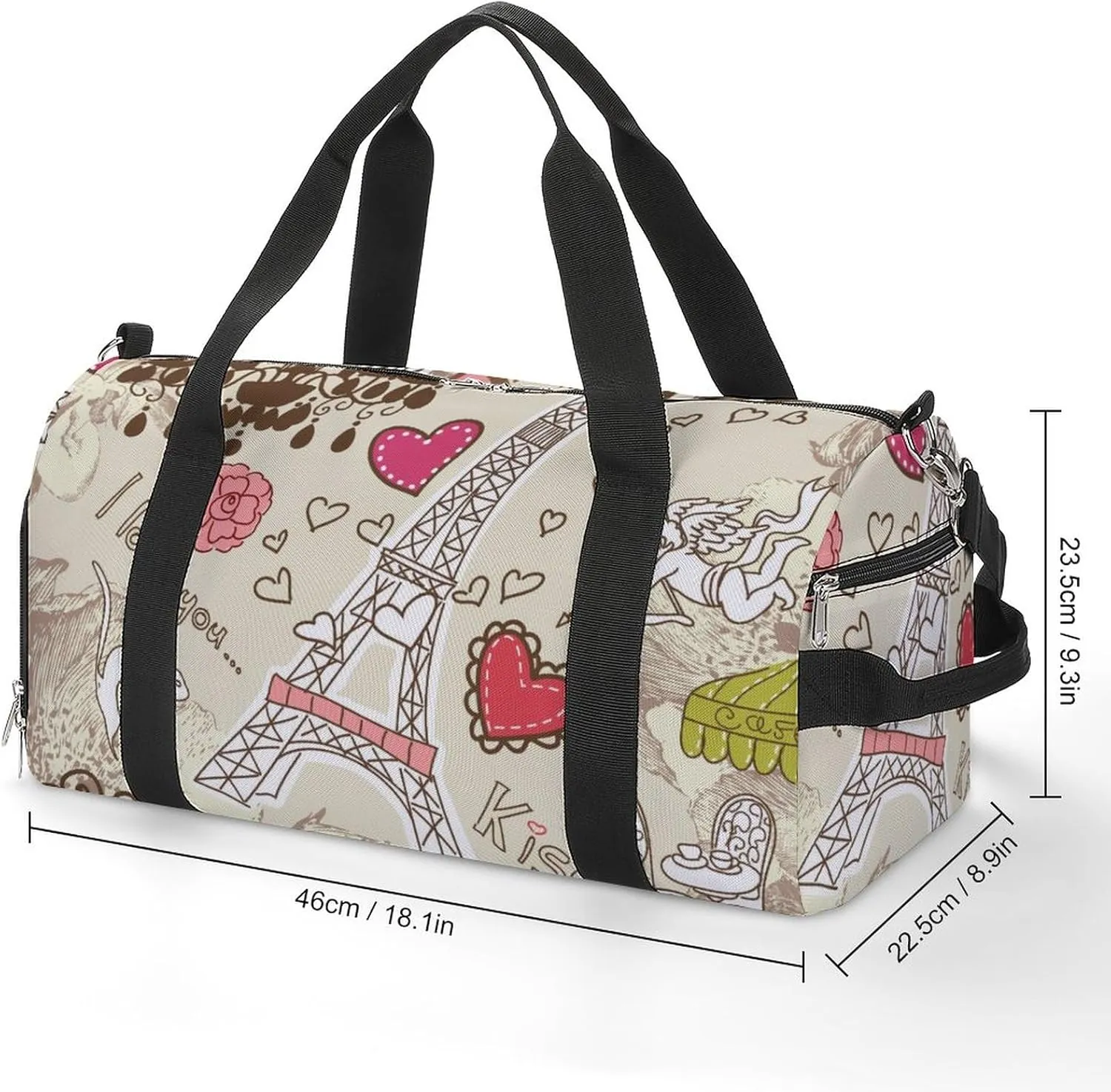 LOVE in Paris Doodles Sports Tote Gym Bag for Women Men, Overnight Bag with Shoe Compartment Water Resistant