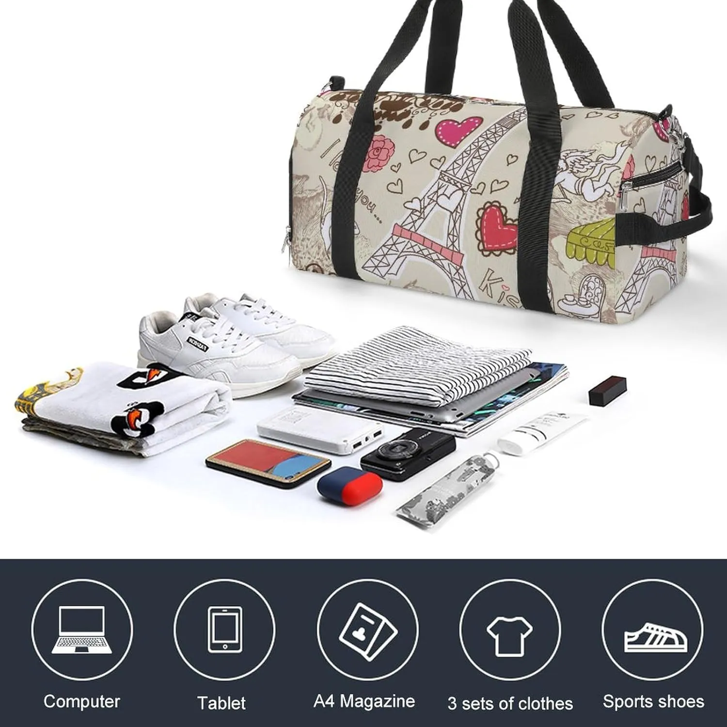 LOVE in Paris Doodles Sports Tote Gym Bag for Women Men, Overnight Bag with Shoe Compartment Water Resistant