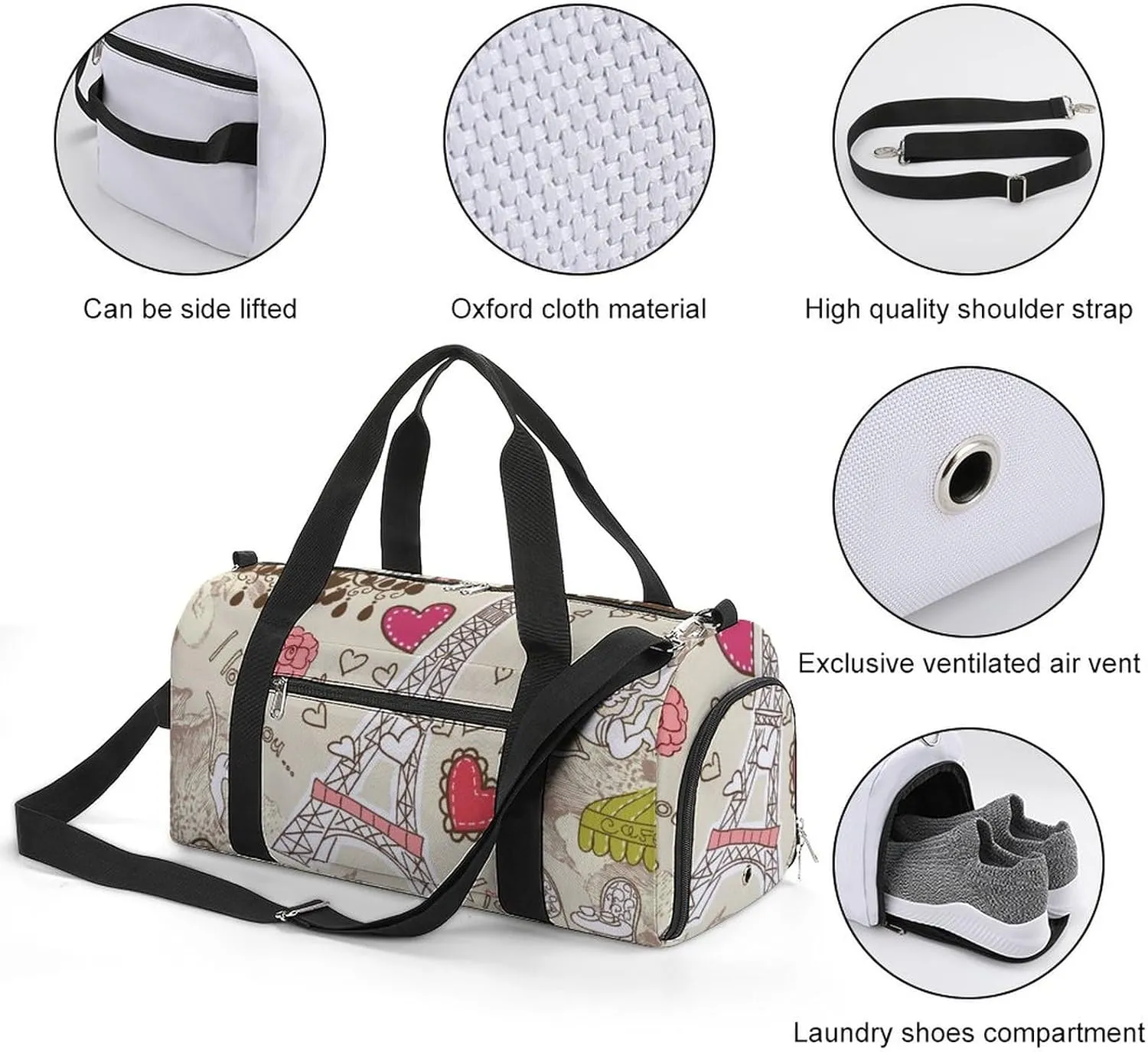 LOVE in Paris Doodles Sports Tote Gym Bag for Women Men, Overnight Bag with Shoe Compartment Water Resistant