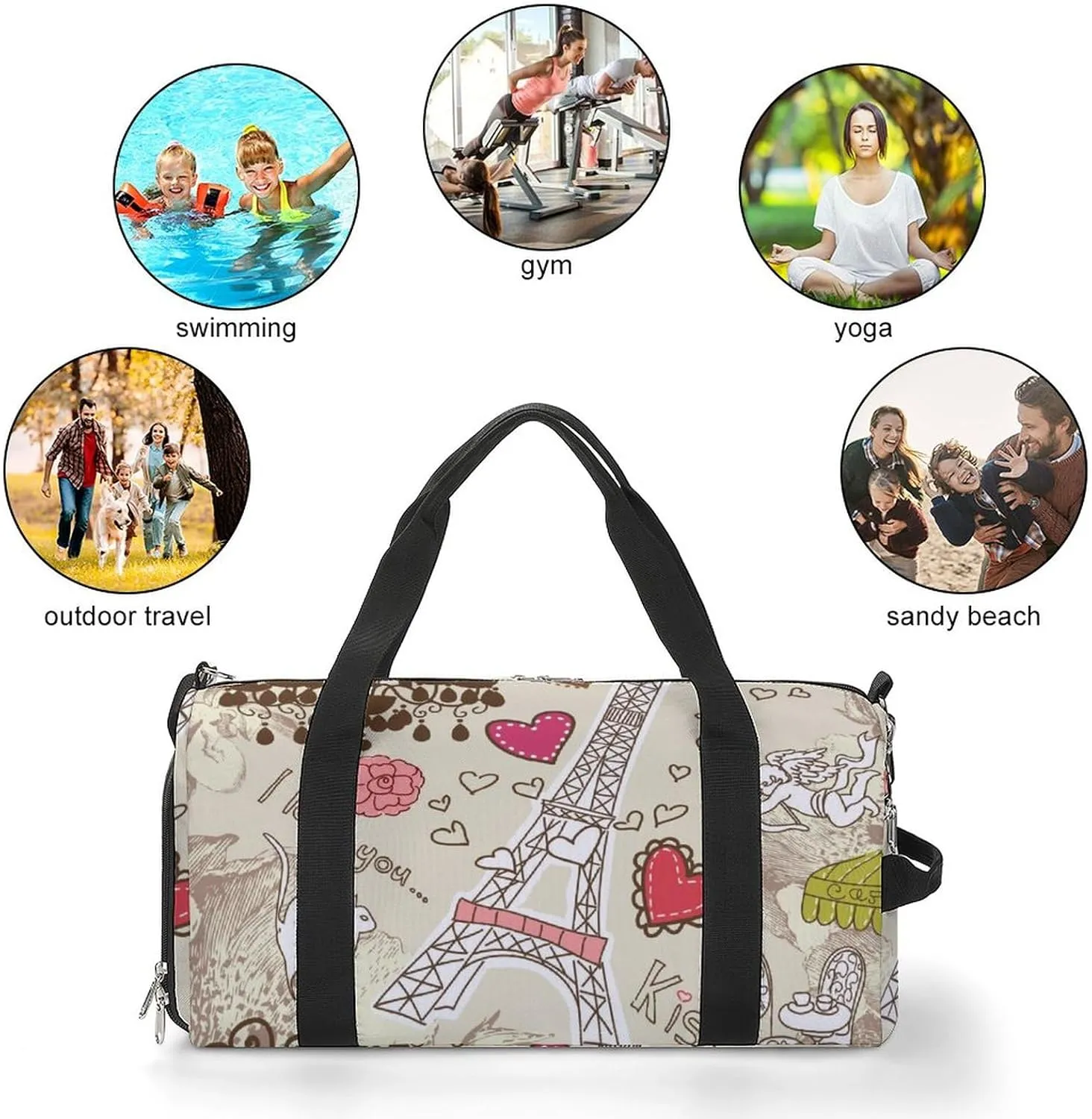 LOVE in Paris Doodles Sports Tote Gym Bag for Women Men, Overnight Bag with Shoe Compartment Water Resistant