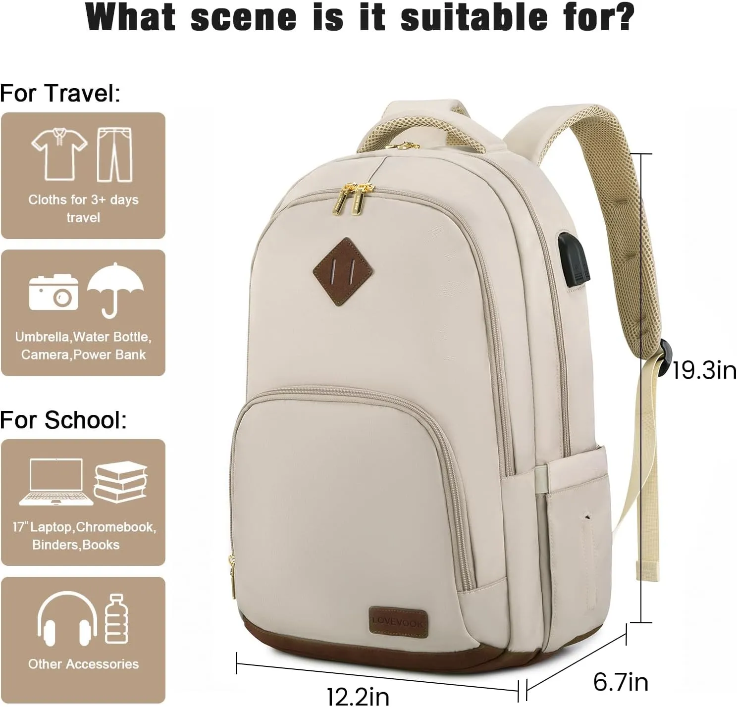 LOVEVOOK Laptop Backpack for Women Men, 17" Laptop Daypack for College Work Travel, Water Resistant Classic Backpacks with USB Port