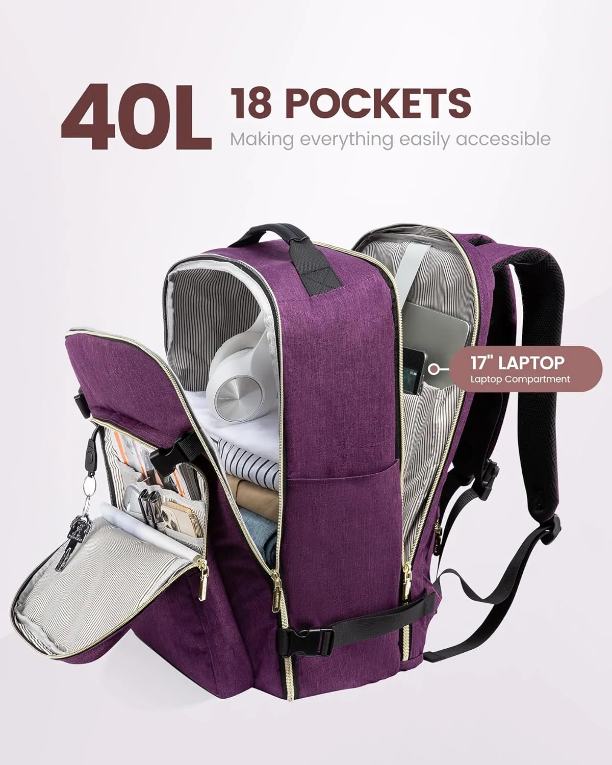 LOVEVOOK Large Travel Laptop Backpack Women, 40L Flight Approved Carry on Backpack Waterproof 17inch Luggage Daypack Business Weekender Overnight Backpacks Bag with 3 Packing Cubes, Dark purple-Black