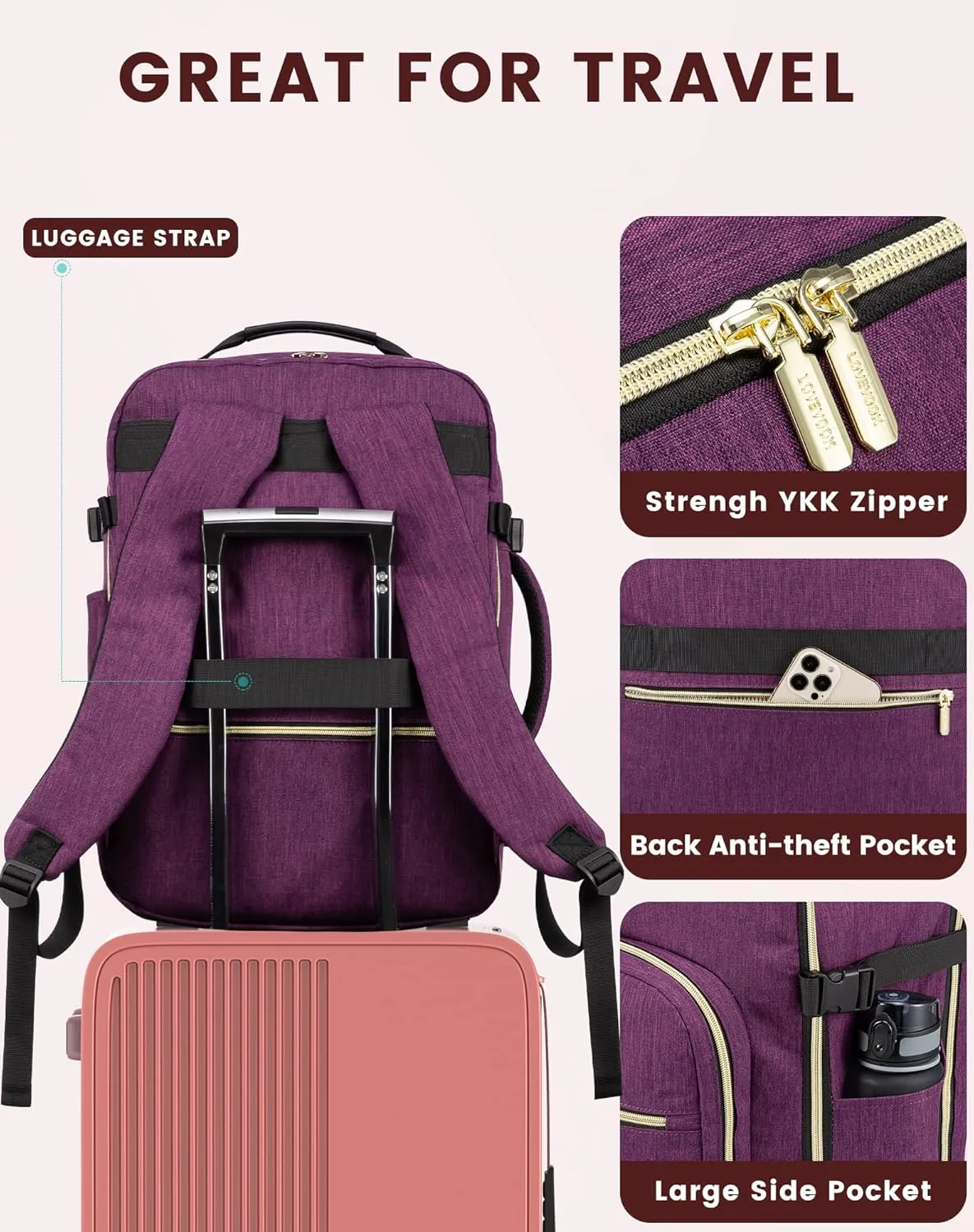 LOVEVOOK Large Travel Laptop Backpack Women, 40L Flight Approved Carry on Backpack Waterproof 17inch Luggage Daypack Business Weekender Overnight Backpacks Bag with 3 Packing Cubes, Dark purple-Black