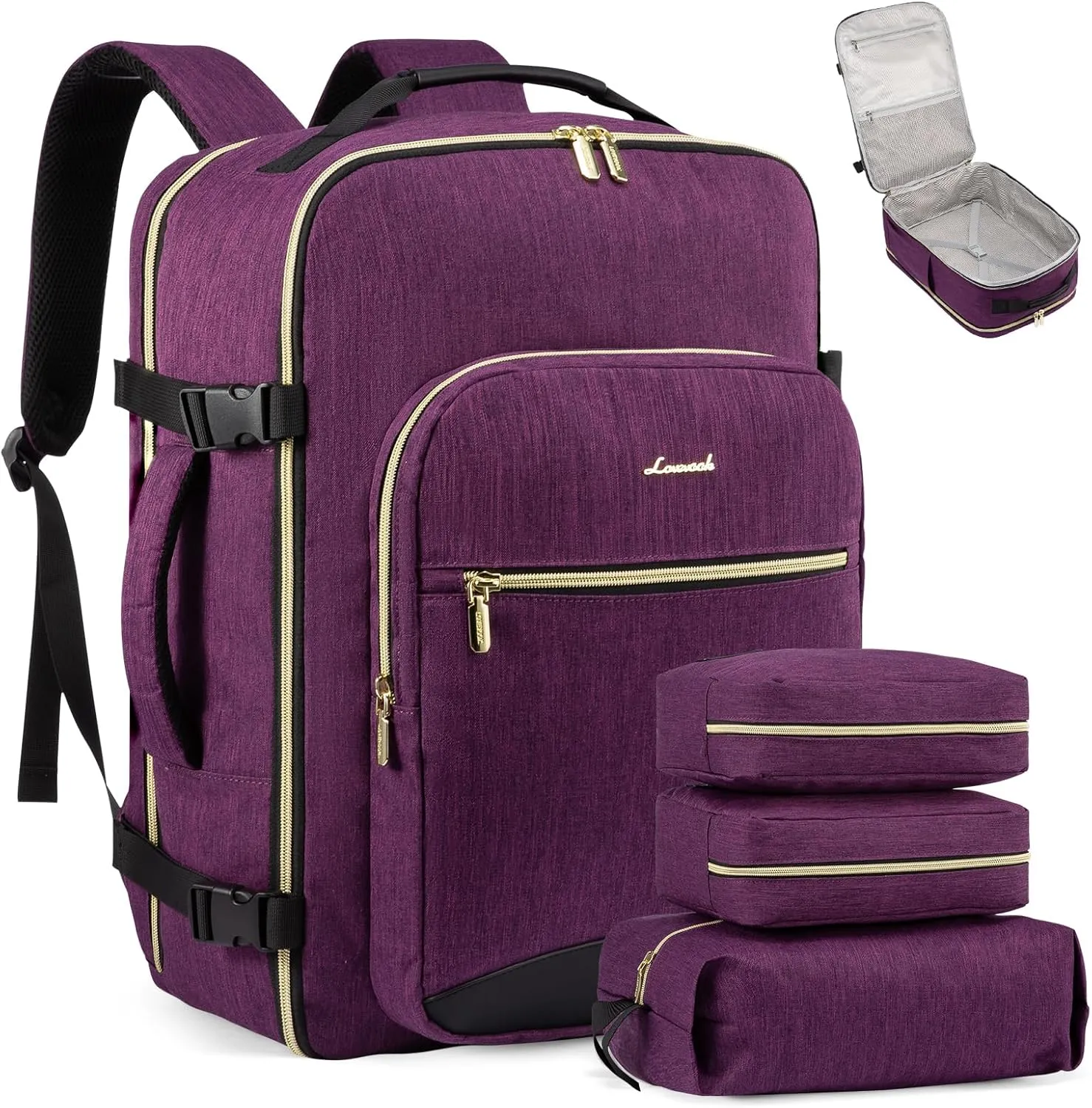 LOVEVOOK Large Travel Laptop Backpack Women, 40L Flight Approved Carry on Backpack Waterproof 17inch Luggage Daypack Business Weekender Overnight Backpacks Bag with 3 Packing Cubes, Dark purple-Black