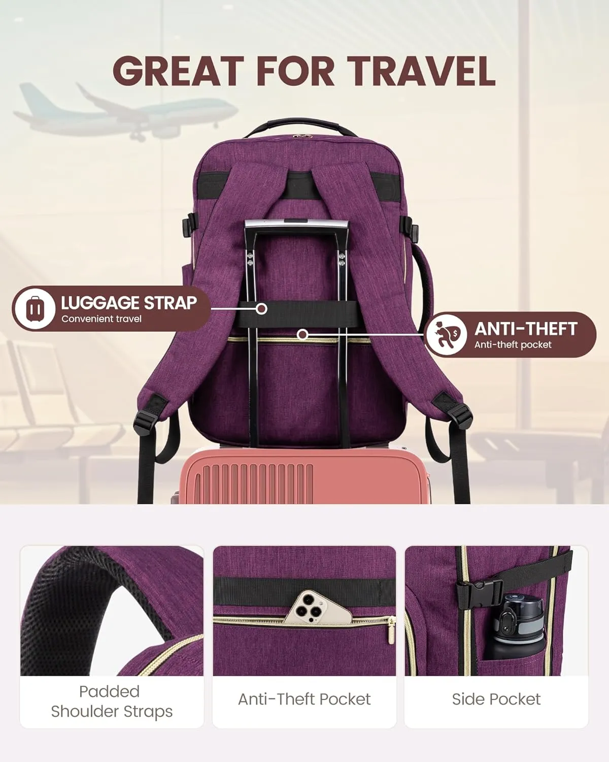 LOVEVOOK Large Travel Laptop Backpack Women, 40L Flight Approved Carry on Backpack Waterproof 17inch Luggage Daypack Business Weekender Overnight Backpacks Bag with 3 Packing Cubes, Dark purple-Black