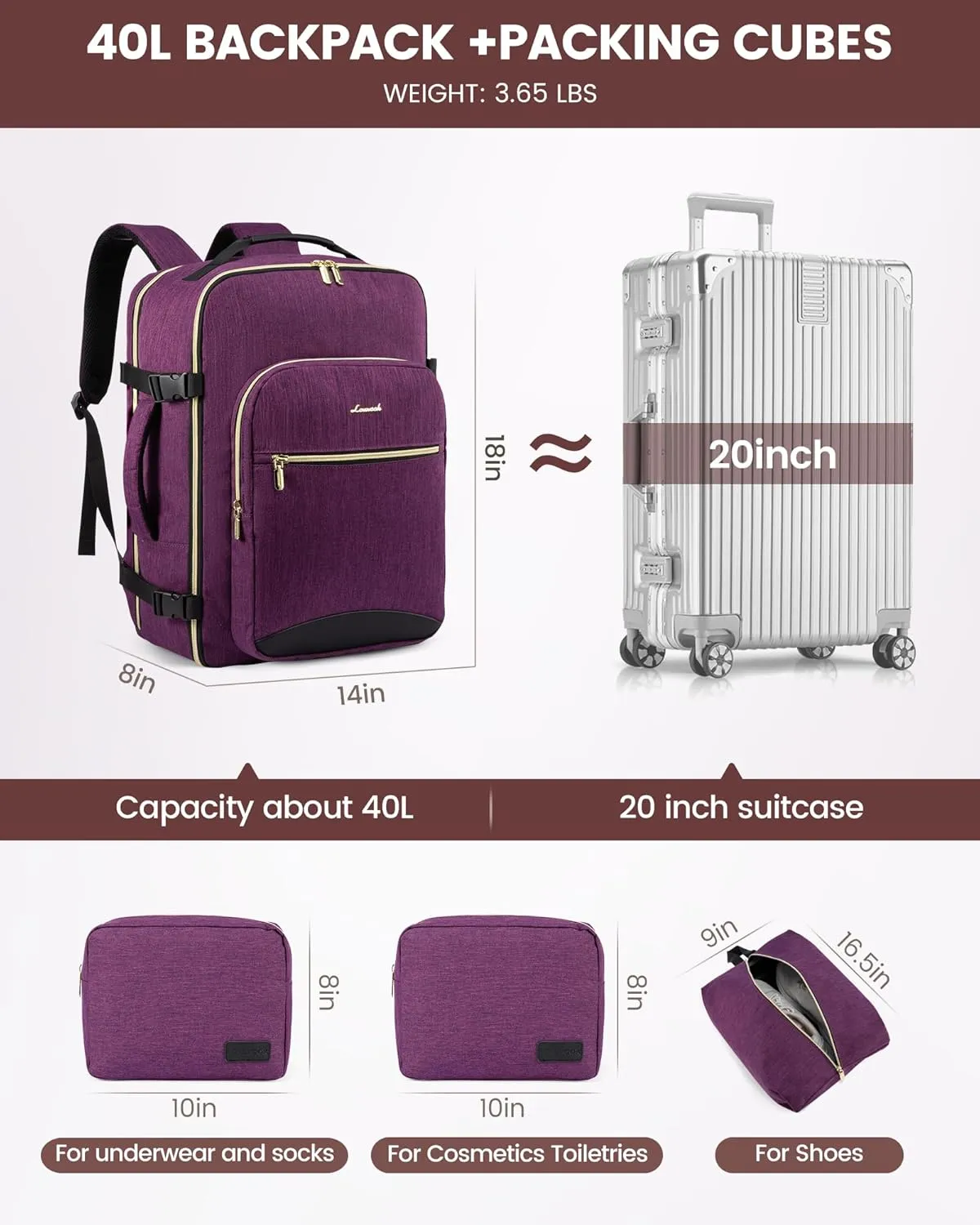 LOVEVOOK Large Travel Laptop Backpack Women, 40L Flight Approved Carry on Backpack Waterproof 17inch Luggage Daypack Business Weekender Overnight Backpacks Bag with 3 Packing Cubes, Dark purple-Black