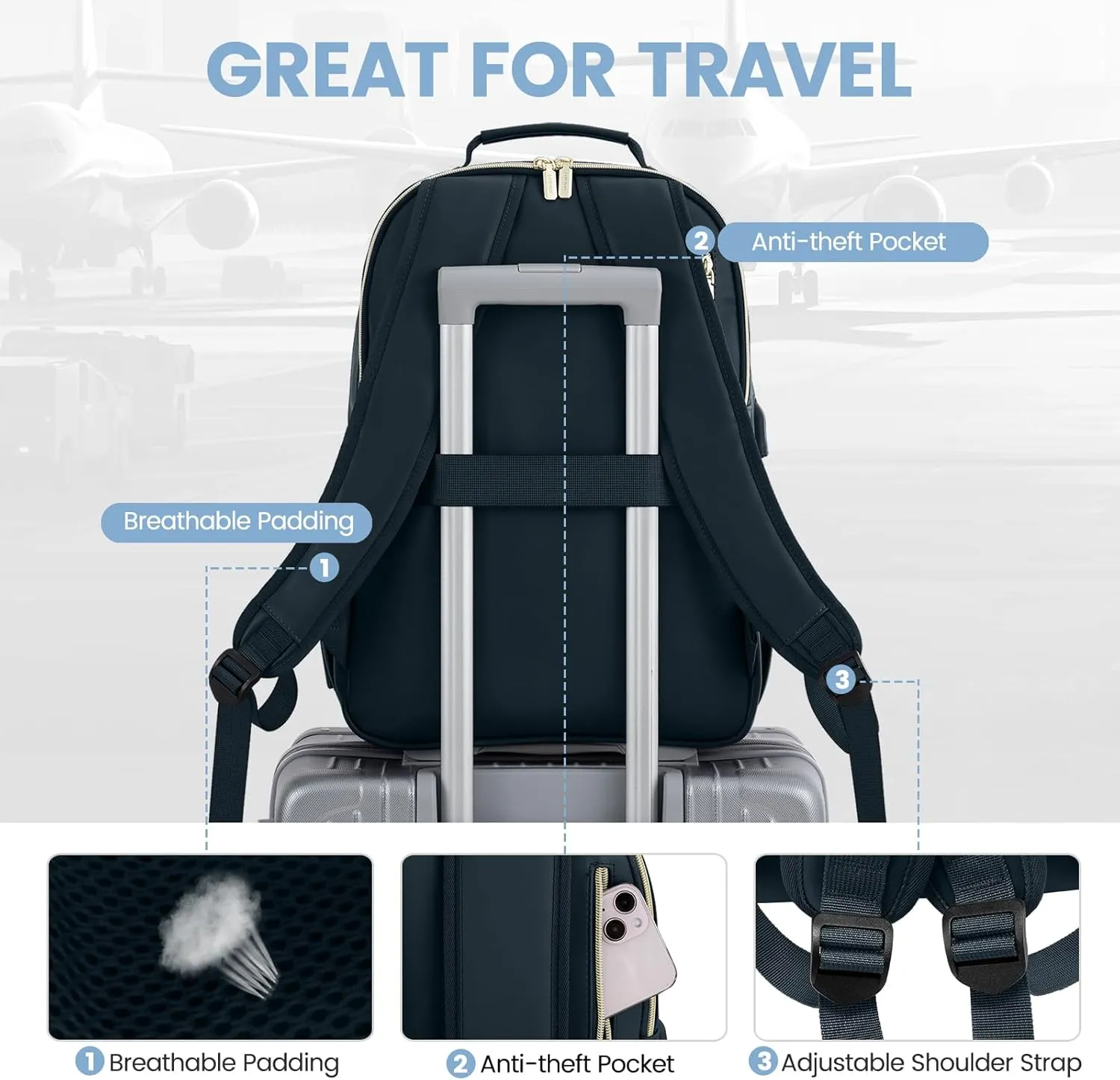 LOVEVOOK Leather Backpacks for Women,17.3 inch Leather Laptop Backpack Women Computer Backpack Laptop Bag,Stylish Quilted Travel Backpack Purse Work Bag Teacher Backpacks with USB Port,Dark Blue-green