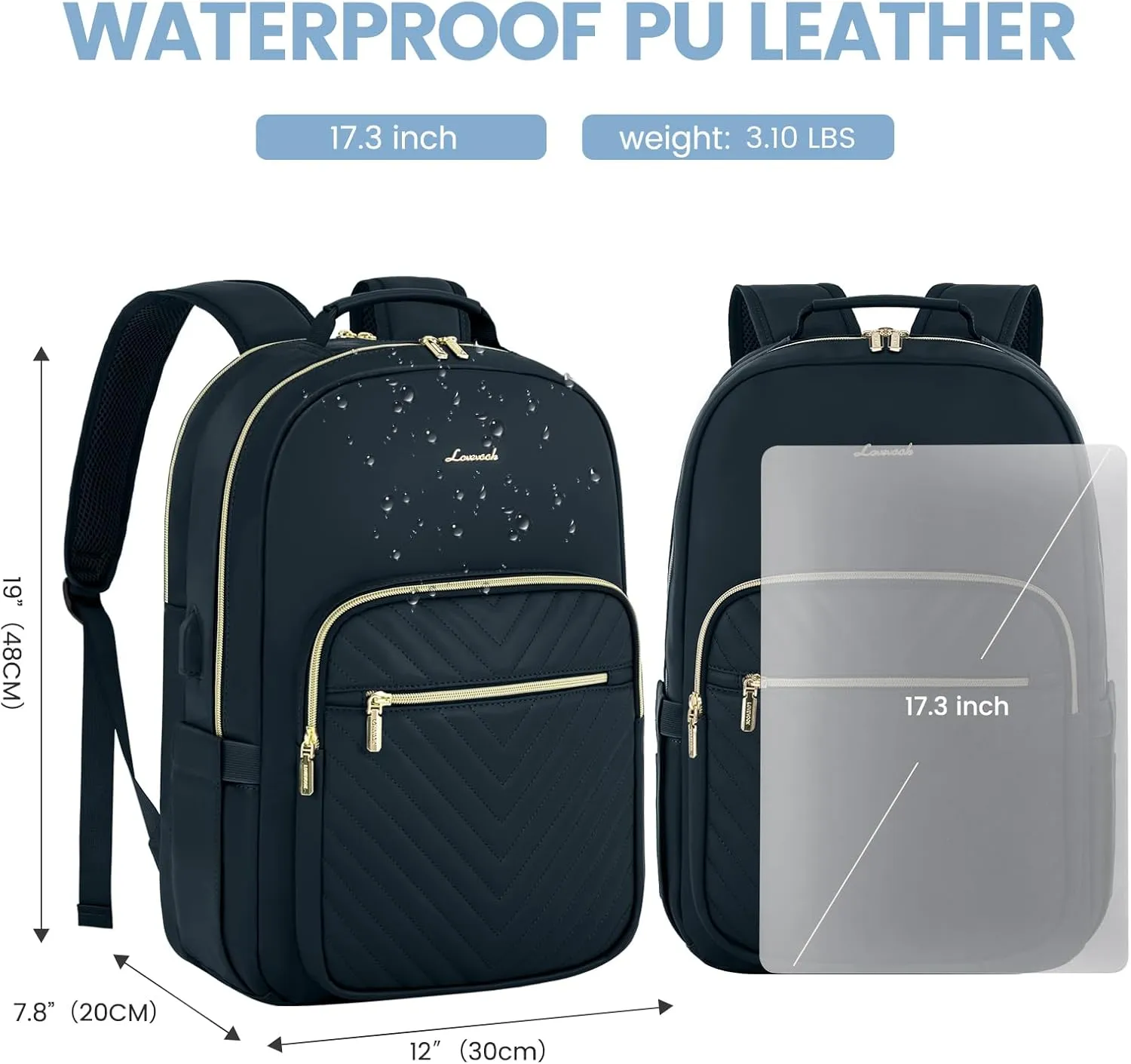 LOVEVOOK Leather Backpacks for Women,17.3 inch Leather Laptop Backpack Women Computer Backpack Laptop Bag,Stylish Quilted Travel Backpack Purse Work Bag Teacher Backpacks with USB Port,Dark Blue-green