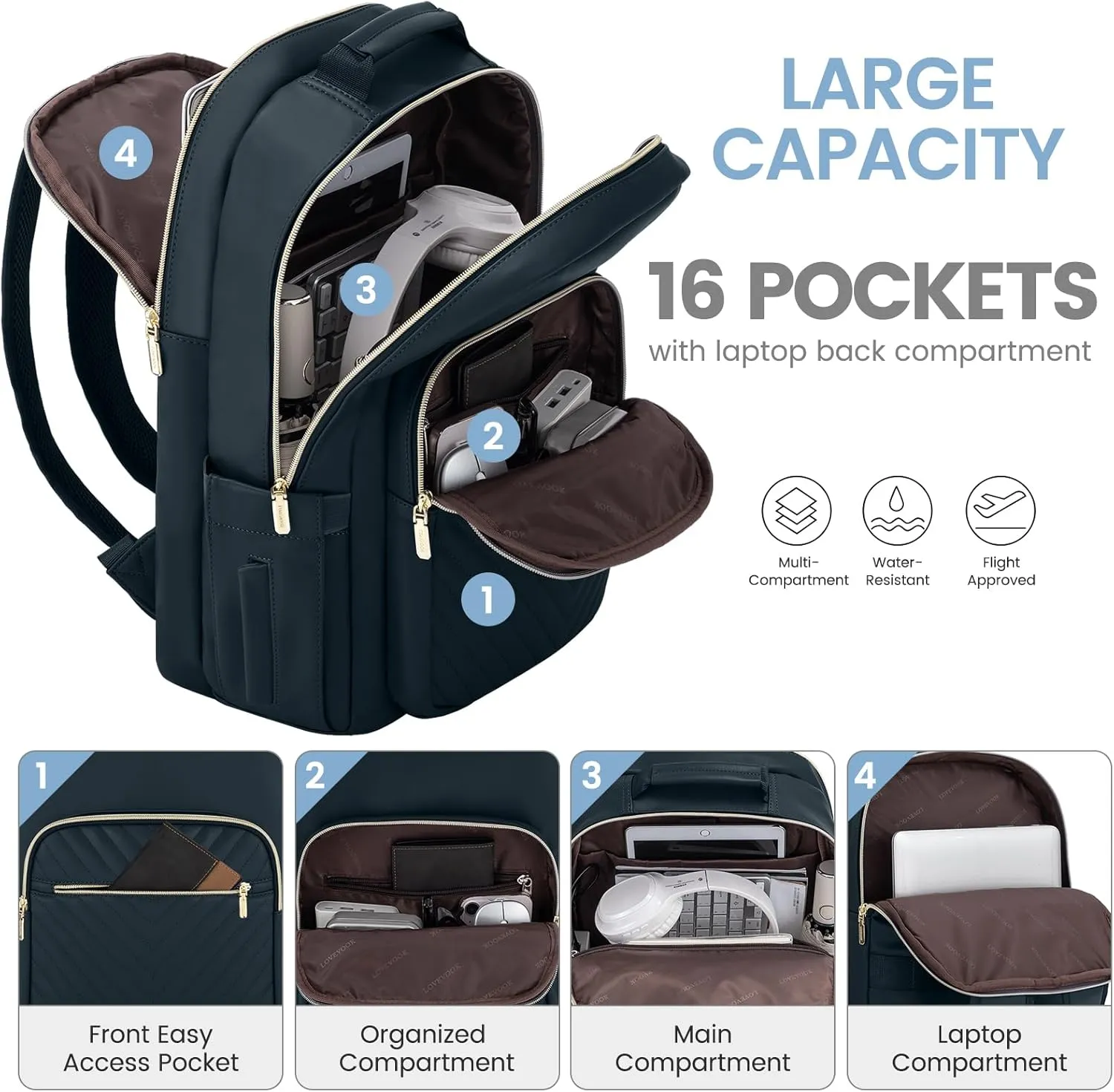 LOVEVOOK Leather Backpacks for Women,17.3 inch Leather Laptop Backpack Women Computer Backpack Laptop Bag,Stylish Quilted Travel Backpack Purse Work Bag Teacher Backpacks with USB Port,Dark Blue-green