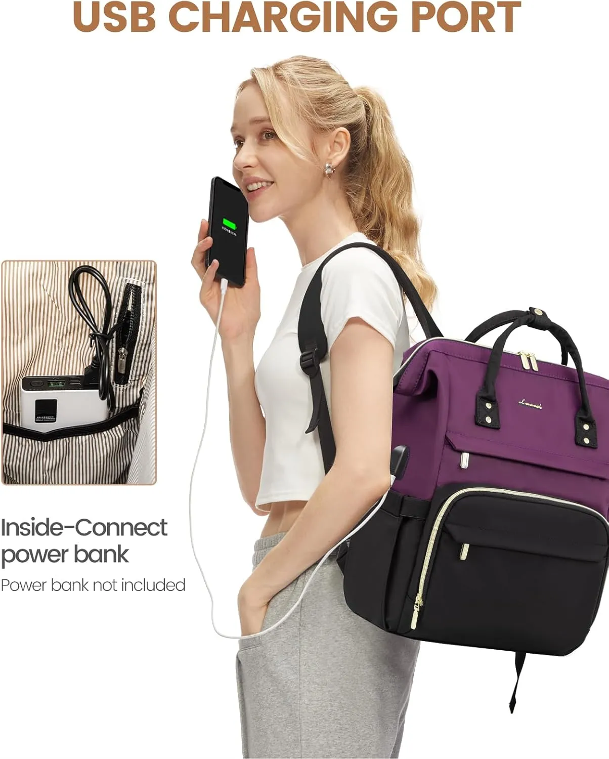 LOVEVOOK Travel Laptop Backpack for Women, 18-inch Large Capacity Outdoor Carry On Backpacks Purse, Business Computer Work Bags, Teacher Doctor Nurse Backpack with USB Port, Dark Purple-Black