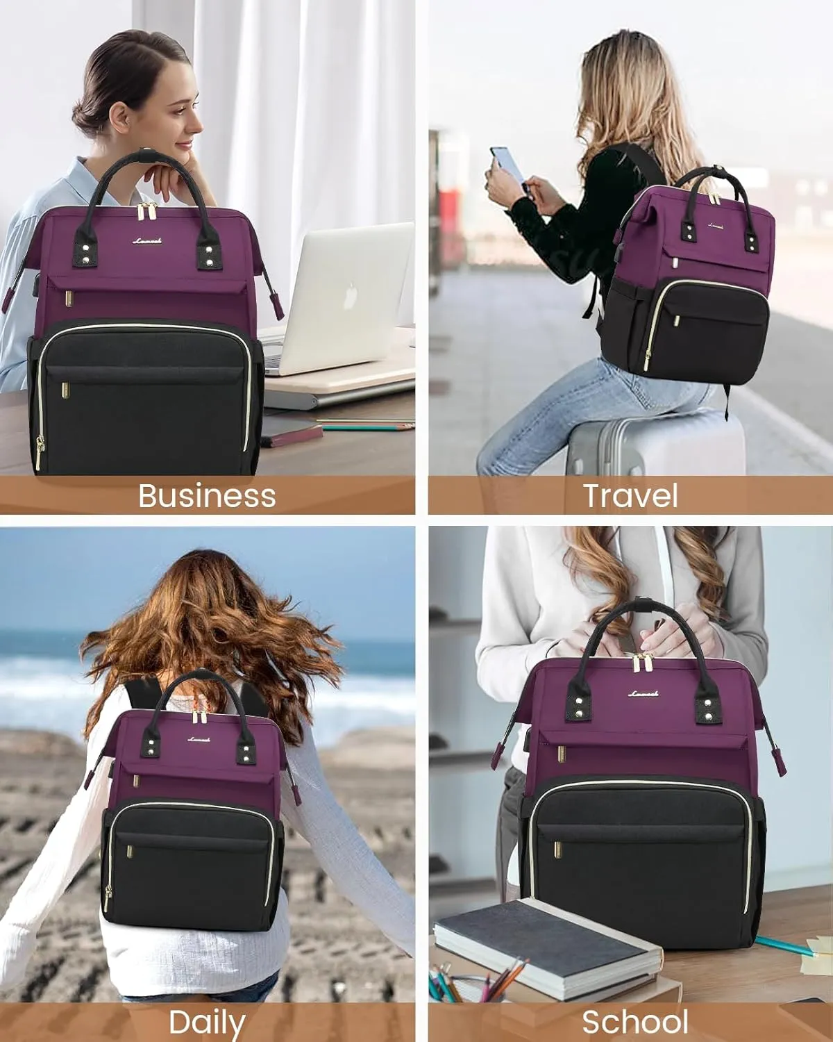 LOVEVOOK Travel Laptop Backpack for Women, 18-inch Large Capacity Outdoor Carry On Backpacks Purse, Business Computer Work Bags, Teacher Doctor Nurse Backpack with USB Port, Dark Purple-Black