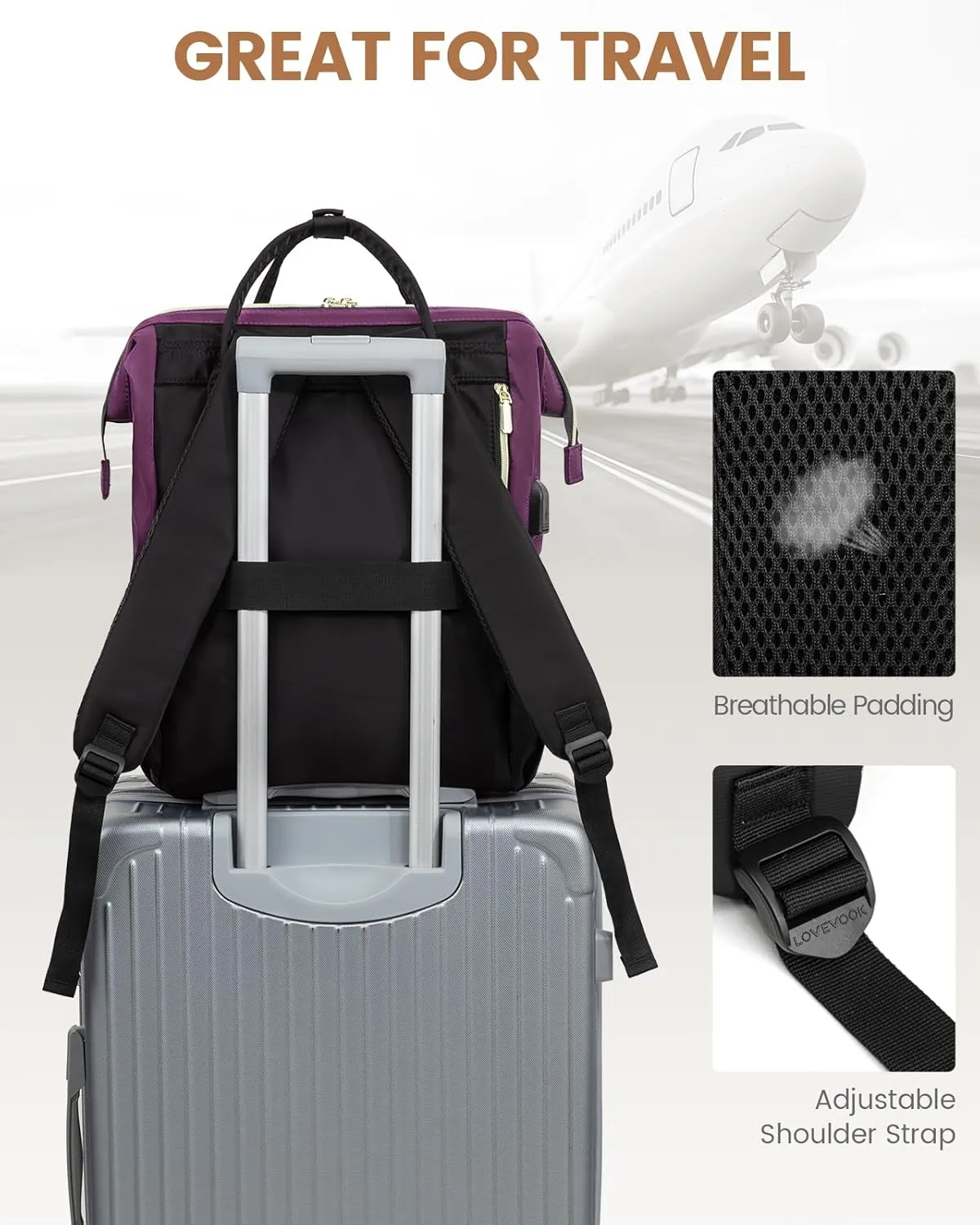 LOVEVOOK Travel Laptop Backpack for Women, 18-inch Large Capacity Outdoor Carry On Backpacks Purse, Business Computer Work Bags, Teacher Doctor Nurse Backpack with USB Port, Dark Purple-Black