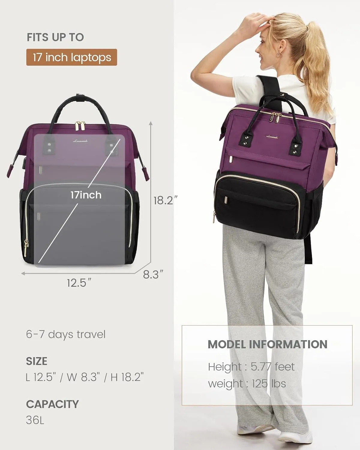 LOVEVOOK Travel Laptop Backpack for Women, 18-inch Large Capacity Outdoor Carry On Backpacks Purse, Business Computer Work Bags, Teacher Doctor Nurse Backpack with USB Port, Dark Purple-Black